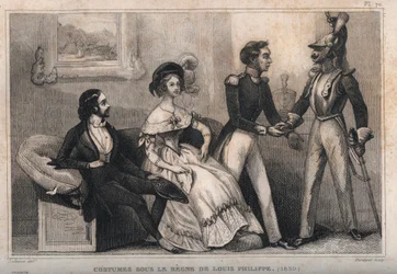 Kostymer under Louis Philippes styre (1839). Gravyr från 1859 i "" Le Monde. Alla folks historia från de mest avlägsna tiderna till våra dagar”. av M. E. de Lostalot-Bachoue (Lostalot Bachoue). Privat samling.