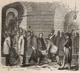 Koppling vid Rochefort bagne på 1800-talet. Gravyr i "Fångarnas historia från deras skapelse till idag" (1877) av Pierre Zaccone (1817-1895) (Colonia Penale - Straffkoloni). Privat samling.