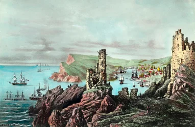 Krimkriget: vy över Balaklavas hamn på Krim. Gravyr omkring 1854-1855. Privatsamling