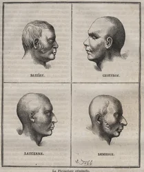 Criminal Phrenology in the Brest Bagne (porträtt som skildrar de fysionomiska egenskaperna hos olika typer av brottslingar). Gravyr i "Fångarnas historia från deras skapelse till våra dagar" (1877) av Pierre Zaccone (1817-1895) (Colonia Penale - Penal