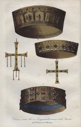 Kronor av Suverians i Lombardriket (568-774), bevarade i basilikan Sankt Johannes av Monza - Olika kronor av de lombardiska kungarna bevarade i basilikan San Giovanni di Monza - gravyr från "" Usi e Costumi di Tutti i i Popoli dell