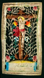 Korsfästelse Fromma bild i kanalen. Inskriptioner INRI (I.N.R.I.). Privat samling