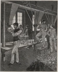 Kristallgravörsverkstad i Frankrike på 1800-talet. Gravyr från 1885 i "" Les arts et metiers illustres"" av Adolphe BITARD.