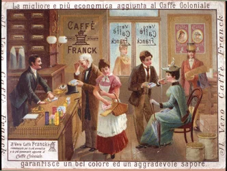Kunder i en livsmedelsbutik som säljer kaffe. Reklam för "Caffe Franck". Kromolitografi, cirka 1900.