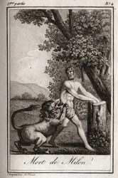 Död av Milon de Crotone (Milo av Croton) förtär av en varg. Gravyr från 1819 i "Lettres a Emilie sur la mythologie" av Charles Albert Demoustier (1760-1801). Privat samling.
