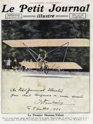 Dedikerat porträtt av den franske uppfinnaren och cyklisten Gabriel Poulain ombord på sin "aviette", en cykel utrustad med biplansvingar som gjorde att han kunde flyga några meter utan motor. Illustration hämtad från "" Le petit journal illustrious"" av 19