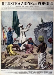 Demonstration ledd av den politiske ledaren Mohandas Karamchand Gandhi (1869-1948) i protest mot de engelska myndigheterna, med en ceremoni under den så kallade Martyrmarschen mot Jalaipur. Illustration hämtad ur "L