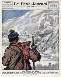 Upptäckt från kroppen av en upptäcktsresande i isen i Kanada, försvann i flera år. Illustration tagen från "" Le petit journal"" från 1921-12-11 Samling privee