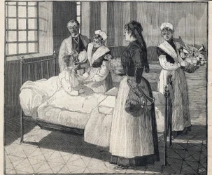 Utdelning av leksaker till allmännyttiga barn på nyårsdagen. Gravyr i "" Le Petro Parisien"" den 8/01/1893. Privat samling
