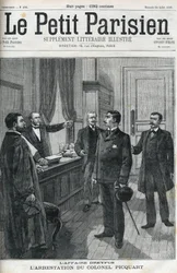 Dreyfus-fallet, 1898, arresteringen av överstelöjtnant Georges Picquart (1854-1914). I "le petit Parisien" från 1898.