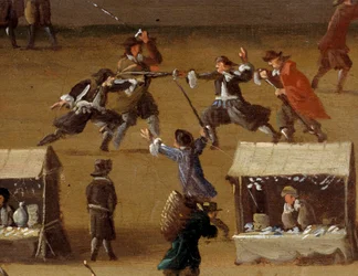 Duellscen på Pont Neuf i Paris på 1600-talet Detalj. Anonym målning. Paris, Musée Carnavalet