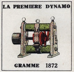 Dynamo: den första dynamo som uppfanns av Zenobe Theophile Gram (1826-1901) 1872. Anonym illustration från 1925. Privat samling.