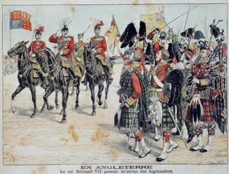 Edward VII (1841-1910) King of England recenserar Scottish Highlanders-illustrationen från det lysande tillägget till "Little Diary" 1905 privatsamling