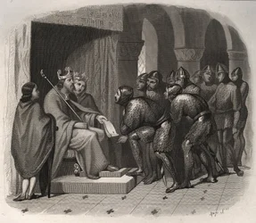 Edward the Confessor (en av de sista anglosaxiska kungarna i England) - St. Edward the Confessor (1004-1066) ger nya lagar till sitt folk. Gravyr från 1846 i "" Lives of the saints"". Privat samling.