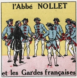 Elektriska kondensatorer: hjärnskakning orsakad av kondensatorer. Erfarenhet av flaskan Leiden av Abbe Jean Antoine Nollet (Jean-Antoine) (1700-1770), fransk fysiker i Versailles, där 180 vakter slogs samtidigt 1746. Anonym illustration f