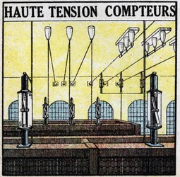 Elektriska ledningar: högspänningsmätare. Anonym illustration från 1925. Privat samling.