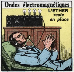 Elektriska fenomen: om etern förblir på plats ger den vibrerande rörelsen de elektromagnetiska vågorna som används i T.S.F. Anonym illustration av 1925. Privat samling.