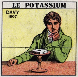 Elektrokemi: nedbrytning av kaliumklorid (kalium) och soda av Sir Humphry Davy (1778-1829) 1807. Anonym illustration från 1925. Privat samling.