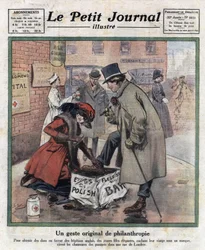 Eleganta unga flickor, deras ansikte gömmer sig bakom en mask, vaxar förbipasserande Londons skor för att samla in pengar till engelska sjukhus. Illustration hämtad från "" Le petit journal illustrious""" av 1921-11-06. Privat samling