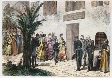 Kejsarinnan Eugenia och den kejserliga prinsen Louis Napoleon besöker huset där Napoleon I föddes, i Ajaccio, Korsika, Frankrike 1869 - den kejserliga och kejserliga prinsens resa - besök i Napoleon I:s hem till Ajaccio - 1869