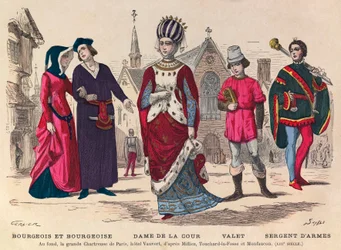 Gravyr - Bourgeois et bourgeoise, hovdam, betjänt, sergeant i Paris på 1200-talet (i bakgrunden la grande Chatreuse de Paris, hotel Vauvert) - Hovdräkter i Frankrike under 1200-talet - privat samling