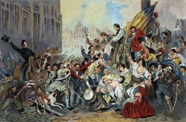 Avsnitt av revolutionen 1830 framför Bryssels stadshus. Reklamkromolitografi av Antoine-choklad i Bryssel, början av 1900-talet. Privat samling