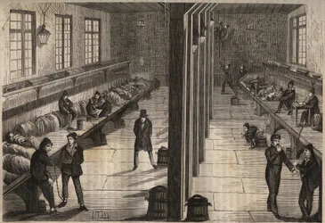 Flykt av tre fångar i rummet Saint Gilles i bagne de Rochefort den 28 december 1840. Gravyr i "Historien om bagnes sedan deras skapelse till våra dagar" (1877) av Pierre Zaccone (1817-1895) (Colonia Penale - straffkoloni). Privat samling.