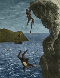 Flykten av två styrkor från fängelset Belle-Ile-en-Mer (vacker ö till sjöss) på 1800-talet. Gravyr i "Fångarnas historia från deras skapelse till idag" (1877) av Pierre Zaccone (1817-1895) (Colonia Penale - Straffkoloni). Privat samling