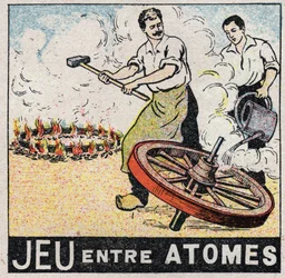 Eter (material): lek mellan atomer. Charrons gör ett hjul. Anonym illustration från 1925. Privat samling.