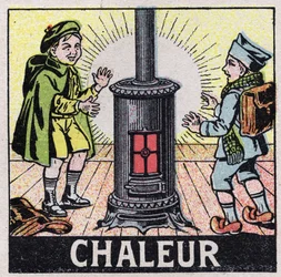 Eter (material): två barn som värms upp av värmen från en spis. Anonym illustration från 1925. Privat samling.