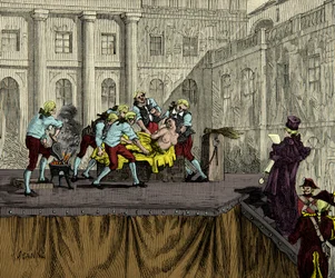 Bödeln Samson brännmärker Jeanne de Valois Saint Remy (Valois-Saint-Remy), känd som Comtesse de la Motte (1756-1791), efter hennes dom i drottningens halsbandsaffär 1786, gravyr, privat samling