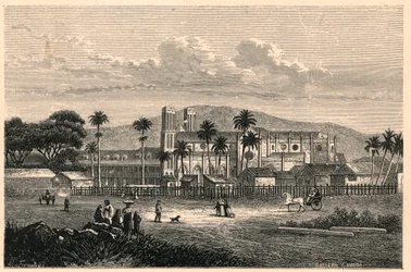 Exteriör vy av katedralen i Port of Spain i Trinidad och Tobago, Trinidad och Tobago. Gravyr i "De katolska beskickningarna under det nittonde århundradet"" av Louis-Eugene (Louis Eugene) Louvet. privat samling.