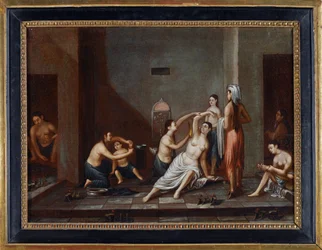 ""Kvinnor i ett hamam som tvättar varandra"" (Ladies in the Hammam) Anonym målning 1741 - Olja på duk, 39x53 - Privat samling