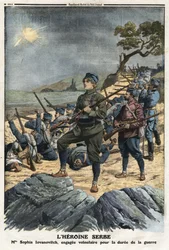 Första Balkankriget: porträtt av Sophia Yovanovich, en ung serbisk kvinna som anmälde sig frivilligt mot Turkiet. Illustration hämtad från "" Le Petite Journal"" 1912-12-01 Privat samling.