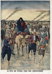 Första Balkankriget: turkiska bönders flykt till Konstantinopel. Illustration tagen från "" Le Petite Journal"" 1912-11-24 Privat samling.
