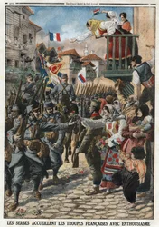 Första världskriget 1914-1918 (14-18): Serber välkomnade franska trupper med entusiasm. Gravyr i "" Le Petité Journal"", den 24/10/1915. Privat samling.
