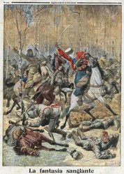 Första världskriget 1914-1918 (14-18): "The Bloody Fantasia". I skogen kämpade en trupp på trettio uhlans (tyska ryttare med ett spjut) av åtta segerrika algeriska spahis. Gravyr i "" Le Petite Journal"", 1915-11-28. Privat samling.