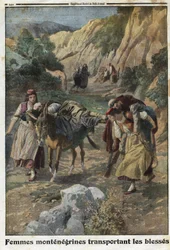 Första världskriget 1914-1918 (14-18): kvinnor från Montenegro transporterar män som sårats i kriget på ryggen av mulor eller på sina egna axlar. Gravyr i ”Le Petit Journal” den 5/12/1915. Privat samling.