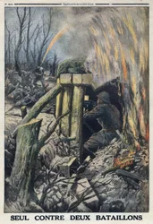 Första världskriget 1914-1918 (kriget 14-18). En fransk officer kämpar på egen hand mot två bataljoner av den tyska armén i Bois de Caures. I "" Le Petite Journal"", den 14/05/1916. Privat samling