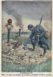 Första världskriget 1914-1918 (kriget 14-18). En hund som vägrar att överge sin döda husbondes grav i skyttegraven. I "" Le Petite Journal"", den 10/09/1916. Privat samling