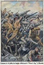Första världskriget 1914-1918 (kriget 14-18). Slaget vid Kreta Bazentin den 13 och 14 juli 1916 där engelsmännen motsatte sig den tyska armén. I "" Le Petite Journal"", den 6/08/1916. Privat samling