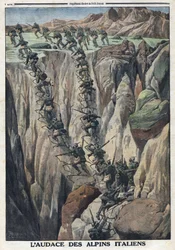 Första världskriget 1914-1918 (kriget 14-18). Italienska soldater klättrar upp på toppen av Cauriol i Fiemme-alperna i Italien. I "" Le Petite Journal", 8 oktober