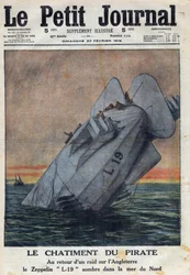 Första världskriget 1914-1918 (kriget 14-18). Vid återkomsten av en räd mot England, misslyckades Zeppelin L-19 från det tyska flygvapnet i Nordsjön. I "" Le Petite Journal"", den 27/02/1916. Privat samling