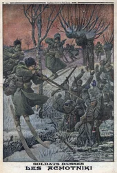 Första världskriget 1914-1918 (kriget 14-18). Ryska soldater Ahotniki på skidor skjuter tyska soldater. I "" Le Petite Journal"", den 23/01/1916. Privat samling