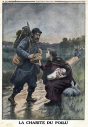 Första världskriget 1914-1918 (kriget 14-18). De hårigas välgörenhet: en fransk soldat på en stig stannar för att erbjuda bröd till en kvinna som är ensam med sitt barn. I "" Le Petite Journal"", den 9/01/1916. Privat samling