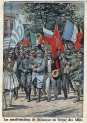 Första världskriget 1914-1918 (kriget 14-18). Protesterna i Saloniki (eller Thessaloniki i Grekland) till förmån för allierade. I "" Le Petite Journal"", den 24/09/1916. Privat samling