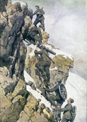 Första världskriget: "" Italienska alpina jägare (alpino eller alpini) som bär material på en topp av de italienska alperna