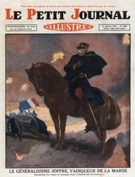 Första världskriget: porträtt av general Joseph Joffre (1852-1931) till häst, föreställande som segrare på slagfältet La Marne (september 1914)” Illustration från en målning av Constantine Font. Gravyr från "Le petit journal illustrious"" från 1931.