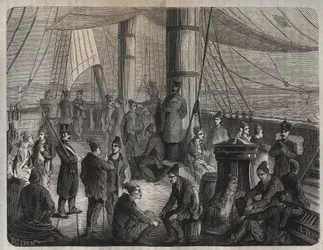 Första konvojen av styrkor från Toulon till Cayenne (Guyana) enligt dekretet av den 8 december 1851. Ingravering i "Fångarnas historia från deras skapelse till våra dagar" (1877) av Pierre Zaccone (1817-1895) (Colonia Penale - Penal) koloni). Privat samlin
