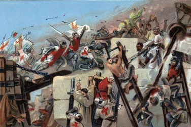 Första korståget (1096-1099): intagandet av Jerusalem av kryssen ledda av Godefroy (Godefroi) av Bouillon (1061-1100) den 15 juli 1099. Reklamkromolitografi av Antoine-choklad i Bryssel, början av 1900-talet. Privat samling
